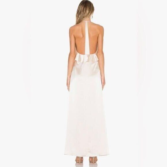 New Jill Stuart Ruffle Halter Gown, ivory, 6 Satin bridesmaid long high slit - Picture 2 of 6